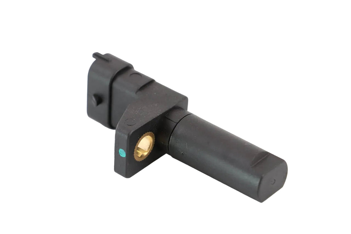 Advance Truck Parts USA 0041538728 Mercedes crankshaft position sensor showing a clean studio view of the black sensor housing, mounting tab with brass insert, and cylindrical probe on a plain white background