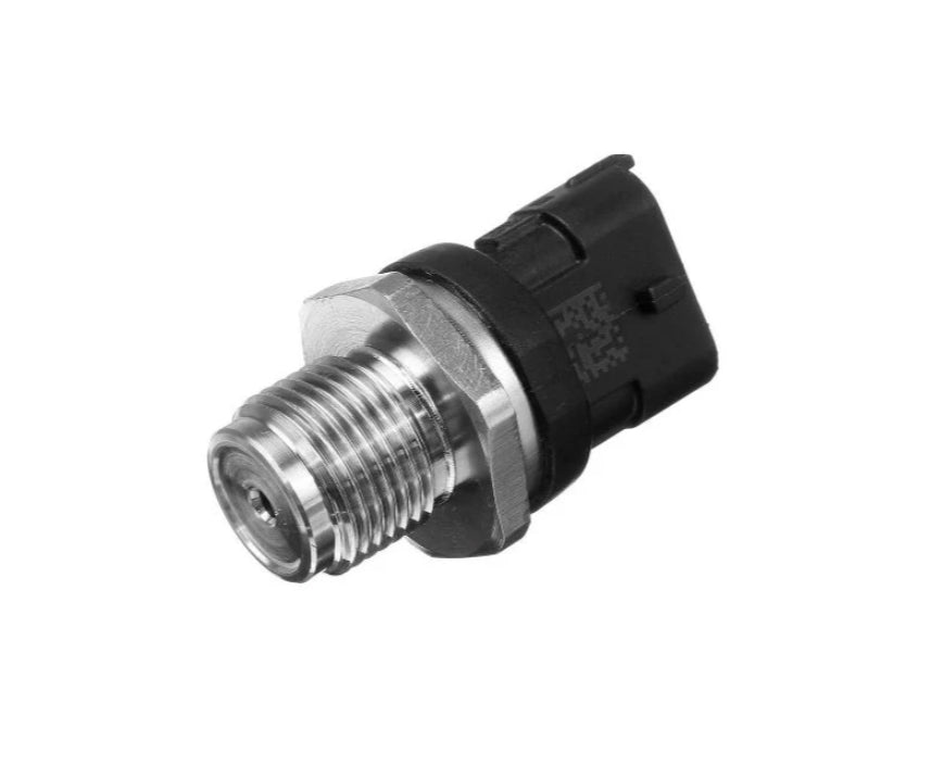 Advance Truck Parts USA 0281006325 42574913 CNH fuel pressure sensor showing a clean studio view of the threaded metal fitting, hex nut, and black connector housing on a plain white background