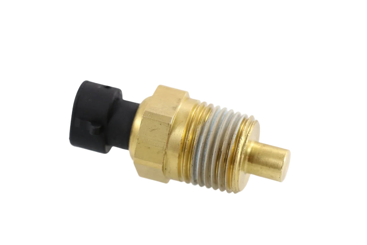 Advance Truck Parts USA 06-23464-000 Freightliner transmission temperature sender showing a clean studio view of the brass threaded body, sealant coating, probe tip, and black 2-pin connector on a plain white background