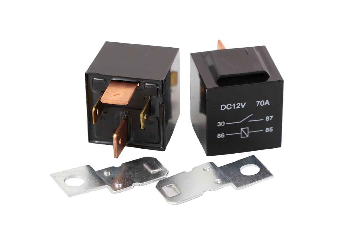 Advance Truck Parts USA 06-35090-000 12V 70A 4-pin heavy duty relay showing a clean studio view of the circuit diagram housing, copper terminal blades, and mounting brackets on a plain white background