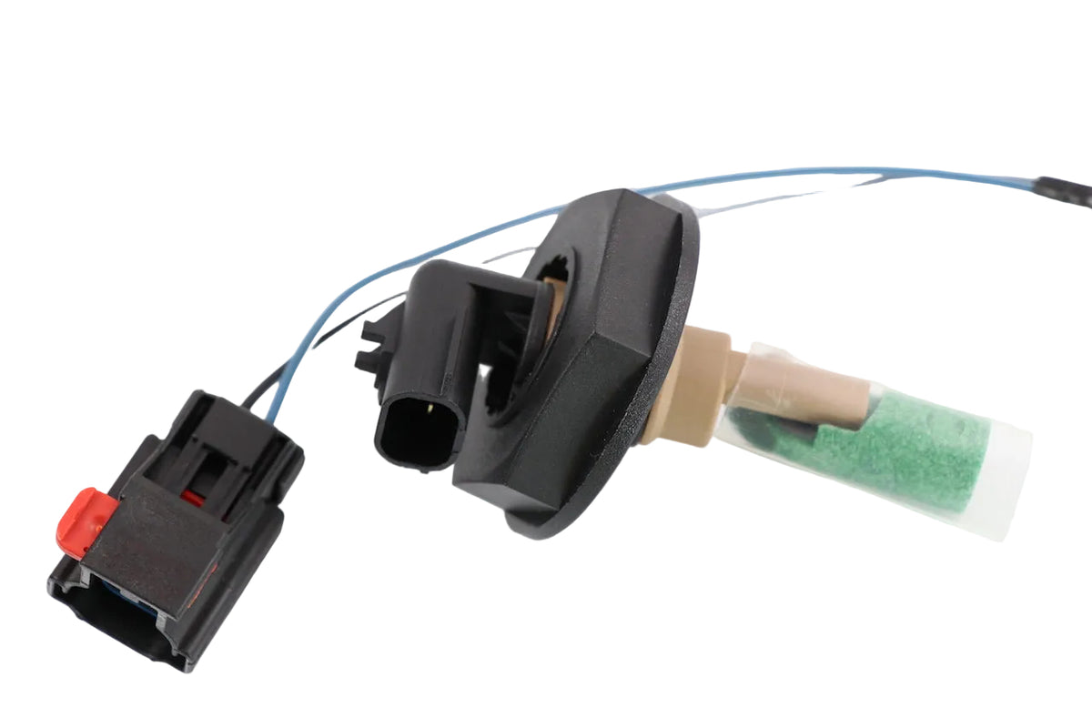 Advance Truck Parts USA 06-62384-002 Freightliner Cascadia coolant level sensor and harness kit featuring 2-pin connector, threaded bottle mounting collar, protective sleeve probe, and matched lead wires