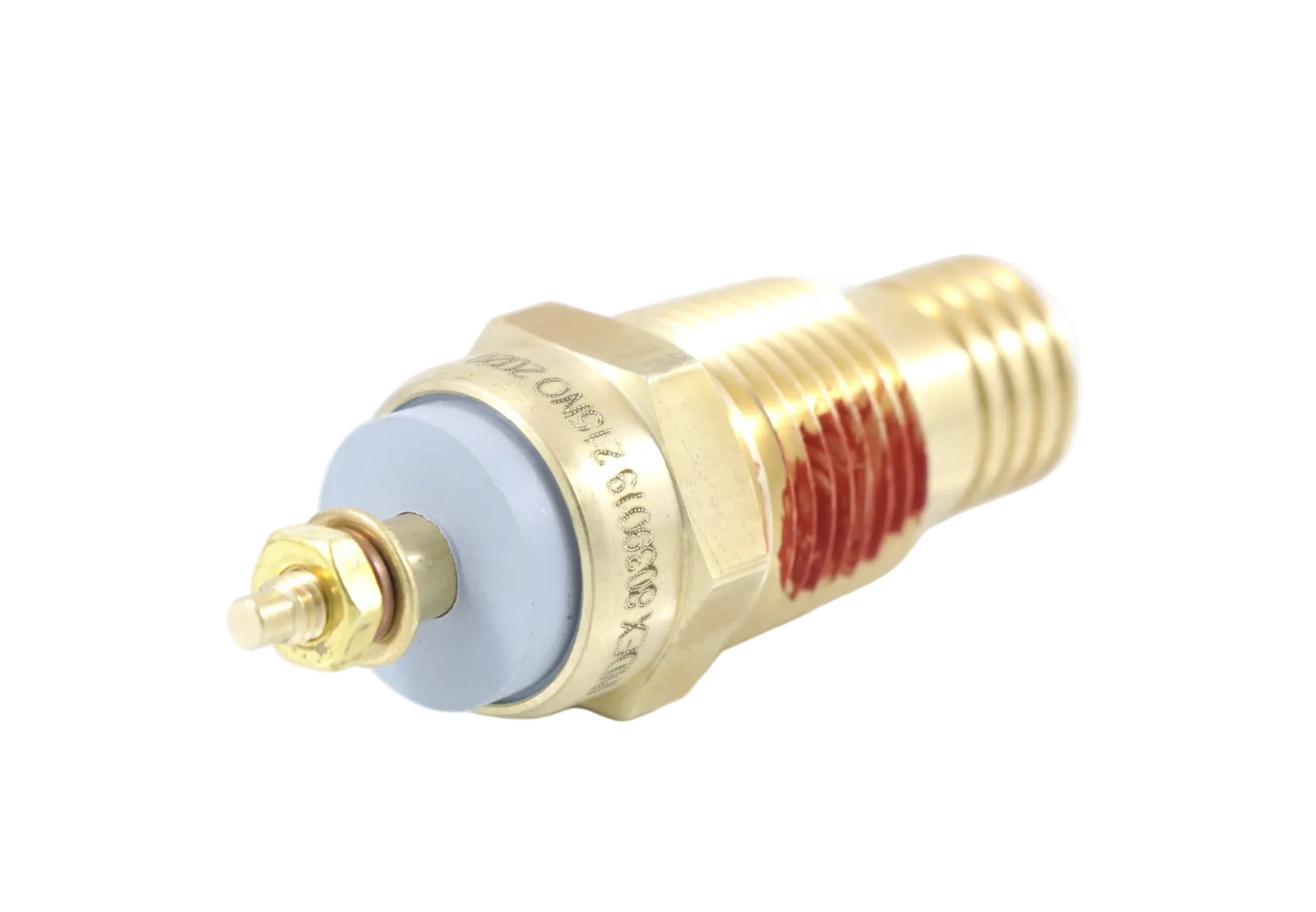 Advance Truck Parts USA 1002-05511-35 Paccar temperature switch showing a clean studio view of the brass threaded body, thread sealant, and electrical terminal stud on a plain white background