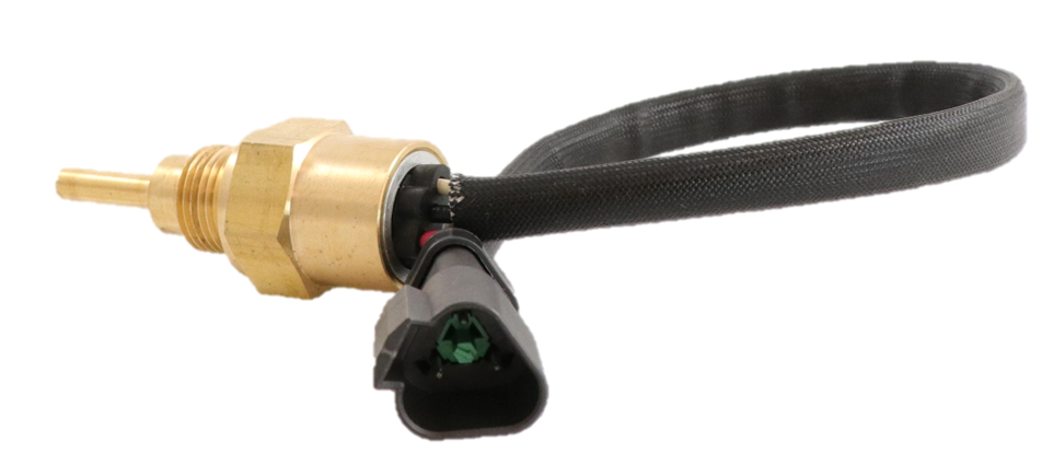 ATP 102-2240 coolant temperature sensor showing a clean studio view of the threaded brass body, temperature probe, and attached harness with a 3-pin DT connector on a plain white background