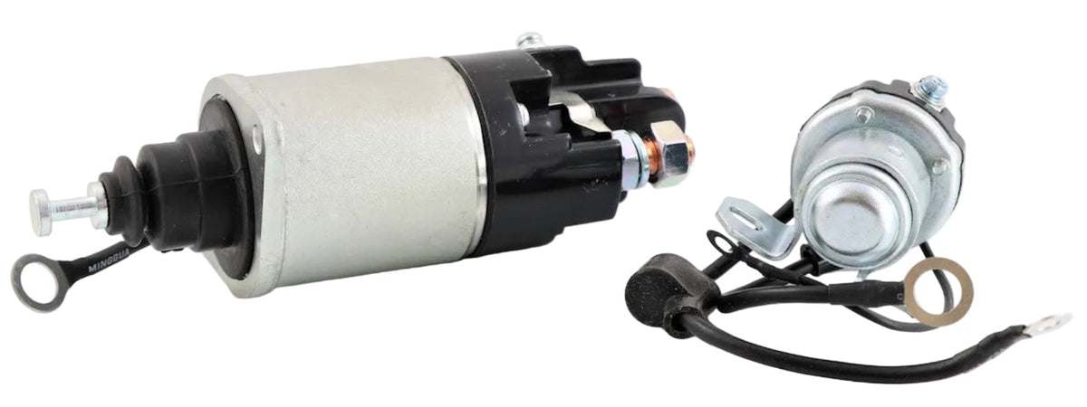 Advance Truck Parts USA 10511408 10511414 Freightliner starter solenoid and relay repair kit including heavy-duty plunger solenoid, cylindrical magnetic switch, mounting bracket, and copper terminal leads