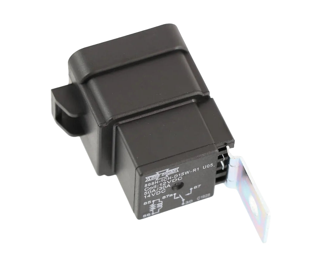 Advance Truck Parts USA 12140647 GM AC relay showing a clean studio perspective of the black relay housing, wiring schematic print, and metal mounting bracket