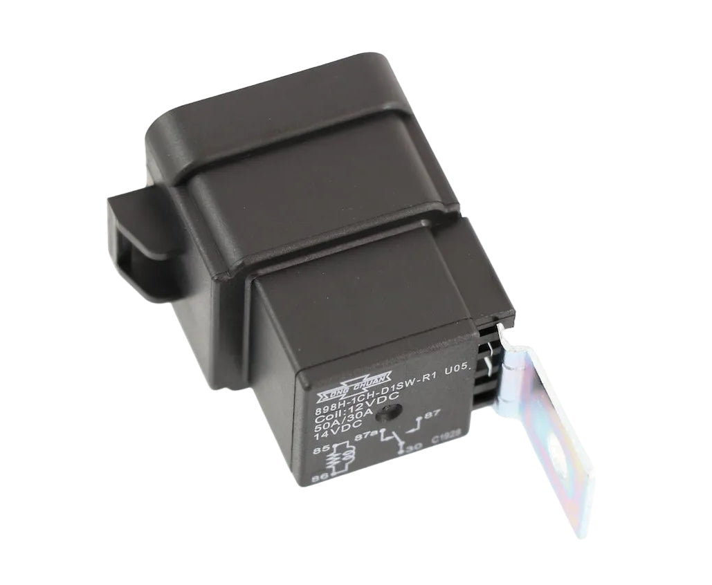 Advance Truck Parts USA 12193601 GM AC relay showing a close-up studio perspective of the black housing, terminal layout, and attached metal mounting bracket