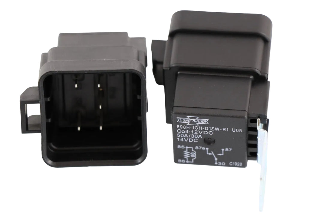 Advance Truck Parts USA 12193611 50A/30A 12VDC waterproof heavy-duty relay dual unit showing terminal socket cavity and circuit schematic housing label