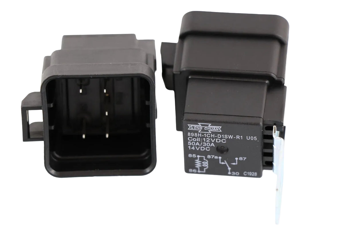 Advance Truck Parts USA 12193611 50A/30A 12VDC waterproof heavy-duty relay dual unit showing terminal socket cavity and circuit schematic housing label