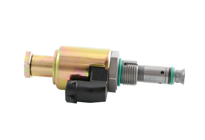 Advance Truck Parts USA 1225053 Caterpillar injection pressure regulator valve showing a close-up studio perspective of the solenoid body, threaded barrel, and green O-rings