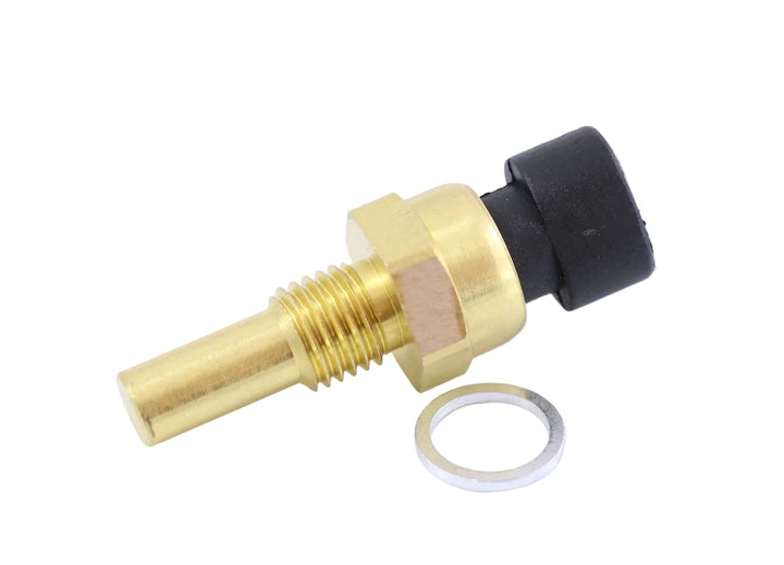 Advance Truck Parts USA 12608814 coolant temperature sensor featuring brass threaded body, immersion probe, 2-pin electrical connector shroud, and sealing washer