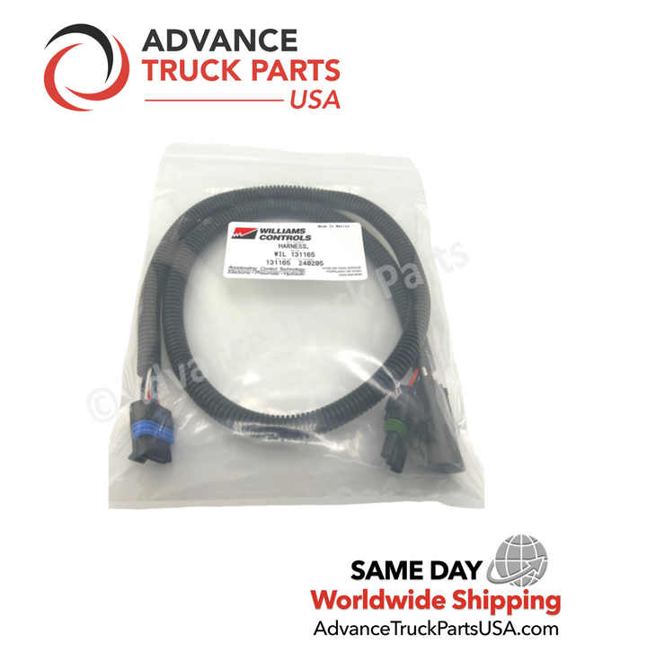 Advance Truck Parts USA 131165 genuine Williams 6-pin harness showing a close-up studio perspective of the coiled wiring assembly packaged in a clear bag with the Williams Controls label
