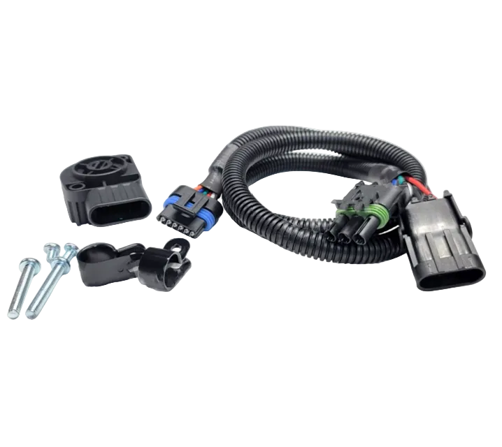 Advance Truck Parts USA 132034 throttle position sensor kit including black sensor module, multi-conductor harness with corrugated loom, mounting fasteners, and wire clamps