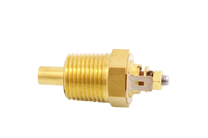 Advance Truck Parts USA 147584 Freightliner transmission oil temperature sensor showing a clean studio view of the brass threaded body, probe tip, blade terminal, and threaded stud on a plain white background