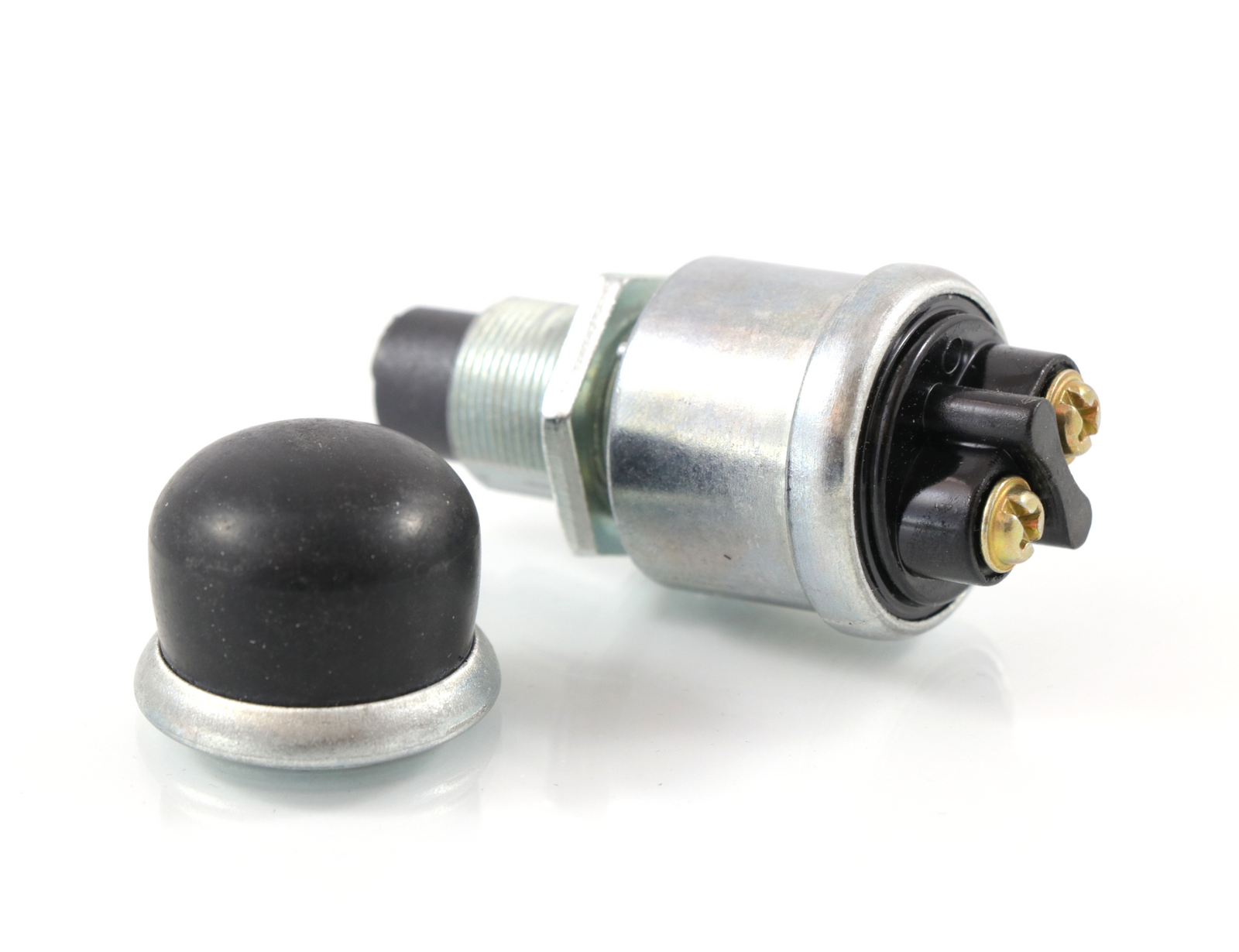 Advance Truck Parts USA 16-04519 24V push button momentary switch showing a close-up studio perspective of the zinc die cast housing, brass screw terminals, and rubber boot cap