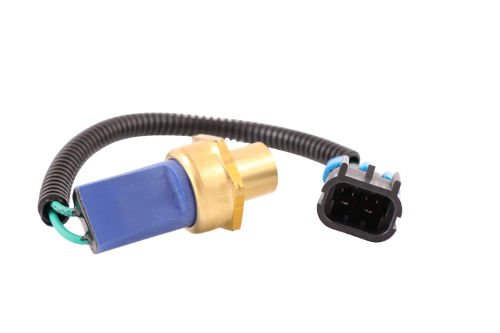 Advance Truck Parts USA 1699310C1 International Navistar A/C low pressure switch showing a clean studio view of the brass threaded fitting, blue connector body, wire loom, and plug on a plain white background