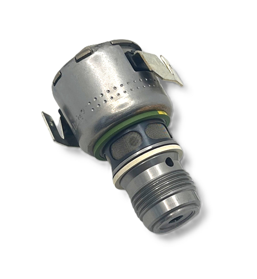 Advance Truck Parts USA 1739797 12V Paccar MX-13 dual lead Jake Brake solenoid showing a close-up studio perspective of the threaded body, filter screen, and dual electrical terminals