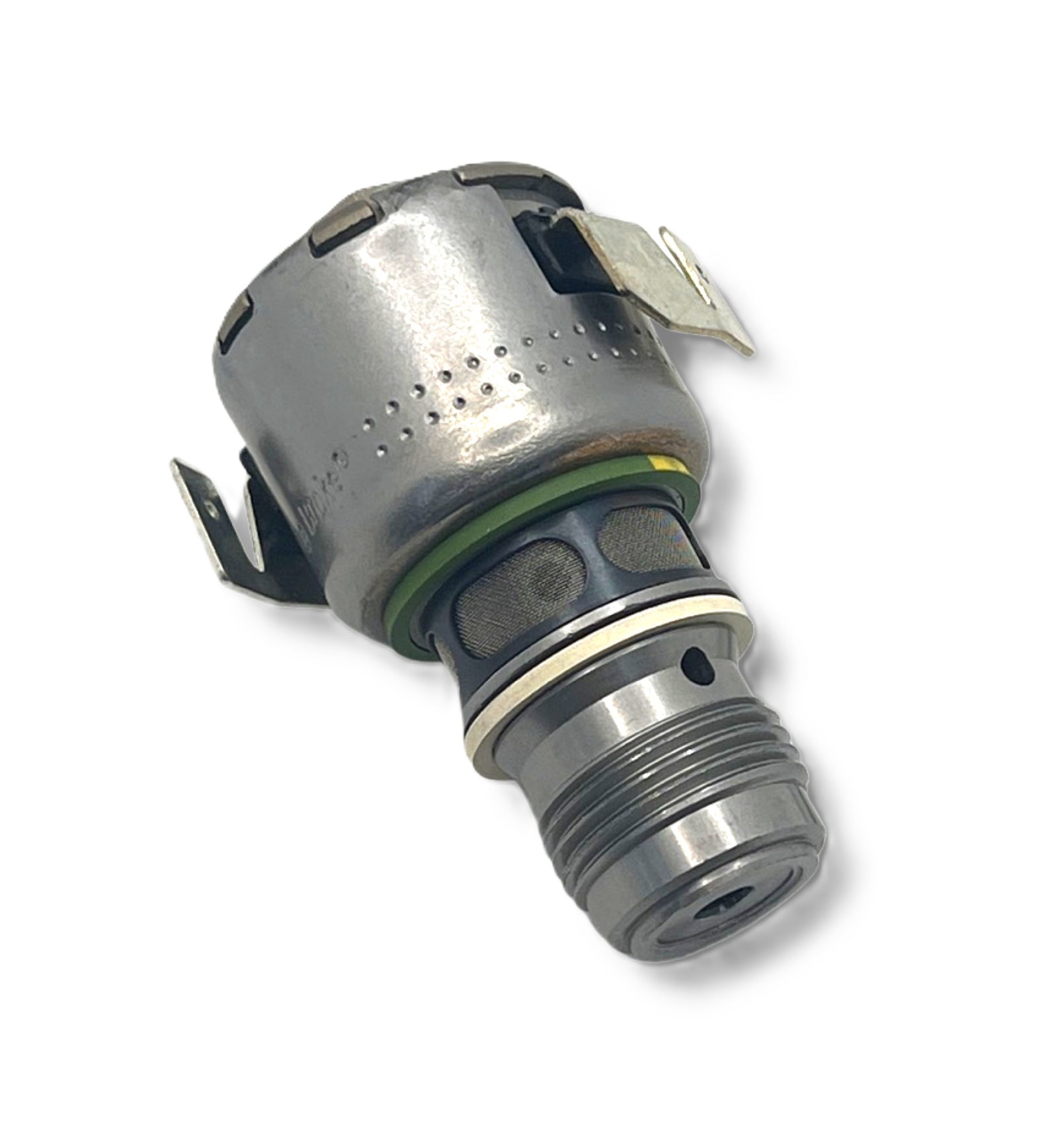 Advance Truck Parts USA 1739797 12V Paccar MX-13 dual lead Jake Brake solenoid showing a close-up studio perspective of the threaded body, filter screen, and dual electrical terminals