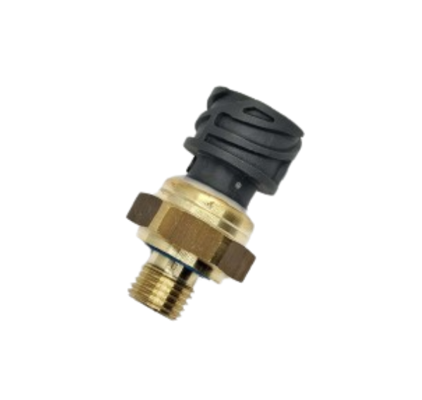 Advance Truck Parts USA 1803301 Paccar oil pressure sensor showing a clean studio perspective of the brass threaded fitting, blue O-ring seal, and round 4-pin connector