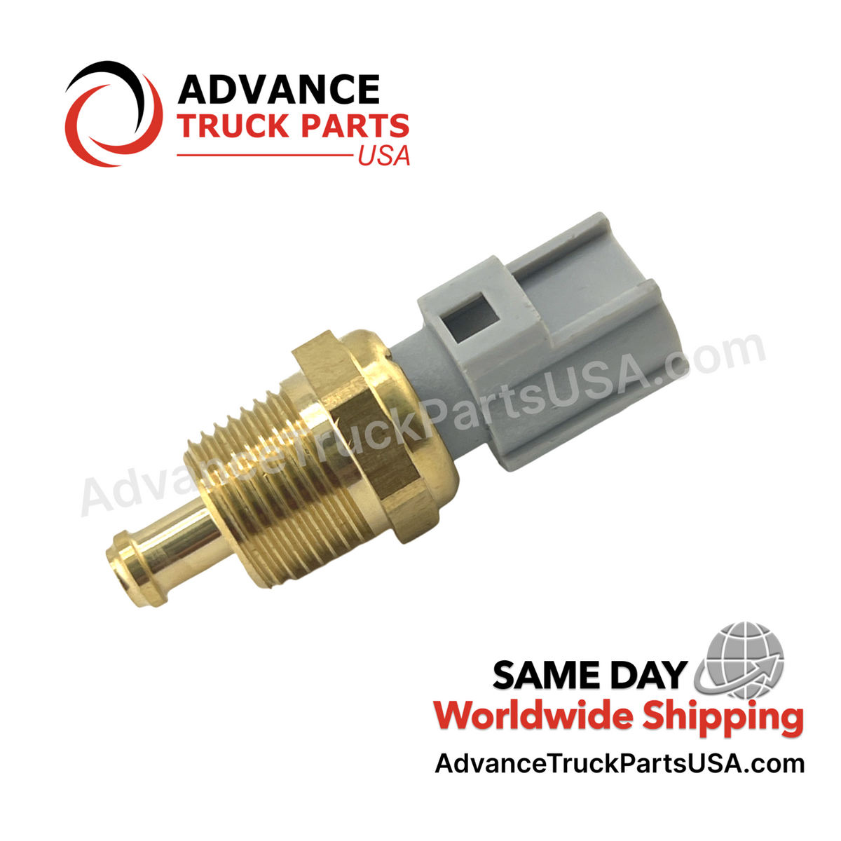 Advance Truck Parts USA 1814320C1 International Navistar temperature sensor showing a studio side view of the brass threaded body and grey connector 