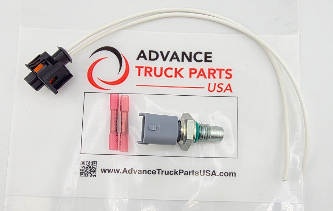 Advance Truck Parts USA 1836537C91 temperature sensor kit showing brass sensor, 2-pin weather pigtail lead with white wires, and red heat shrink butt connectors
