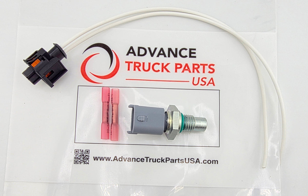 Advance Truck Parts USA 1836537C91 temperature sensor kit showing brass sensor, 2-pin weather pigtail lead with white wires, and red heat shrink butt connectors