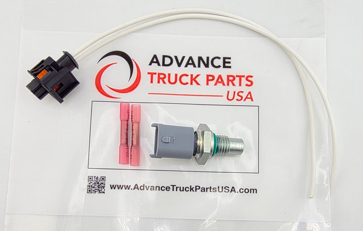Advance Truck Parts USA 1836537C91 temperature sensor kit showing brass sensor, 2-pin weather pigtail lead with white wires, and red heat shrink butt connectors