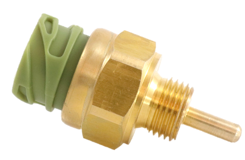 Advance Truck Parts USA 1844101PE International temperature sensor showing a close-up studio perspective of the brass hex fitting, threaded stem, and green connector housing