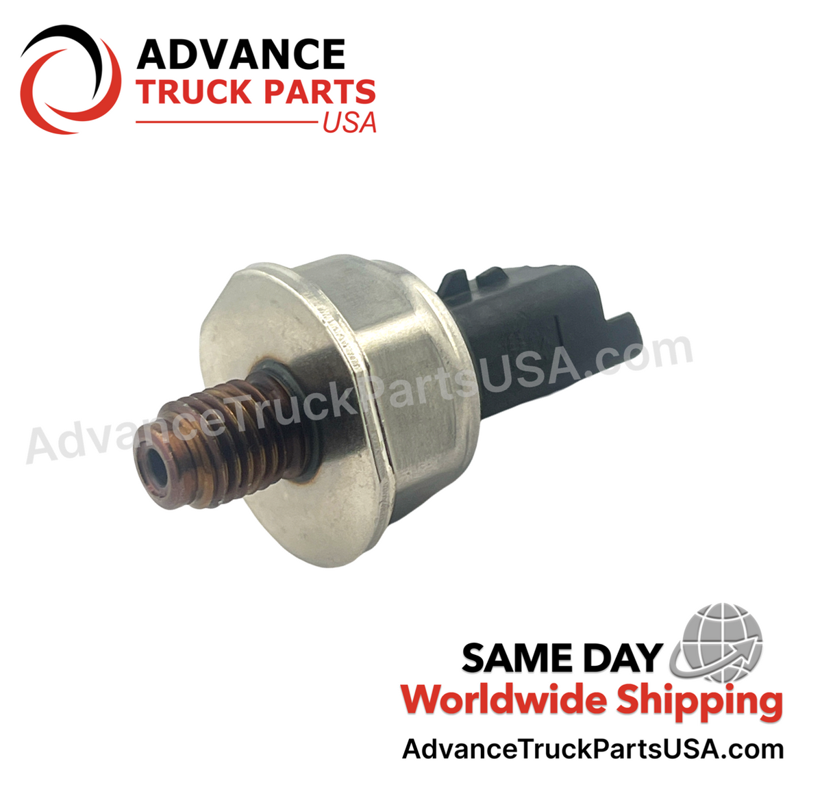 Advance Truck Parts USA 1873400C92 International Navistar high pressure sensor showcasing the metallic hex body, bronze-colored threaded port, and black connector housing
