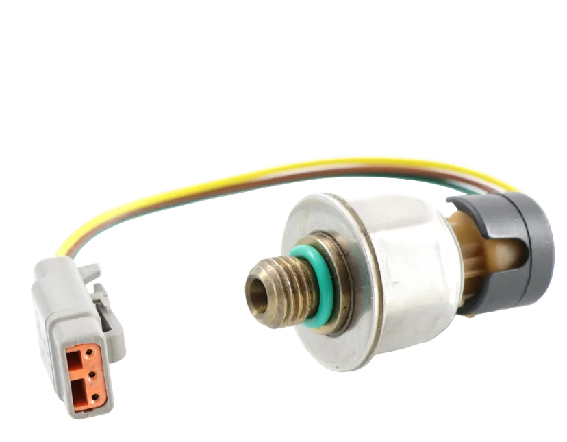 Advance Truck Parts USA 1875784C93 injection control pressure sensor showing a clean studio view of the threaded brass fitting, green O-ring, harness pigtail, and connector on a plain white background