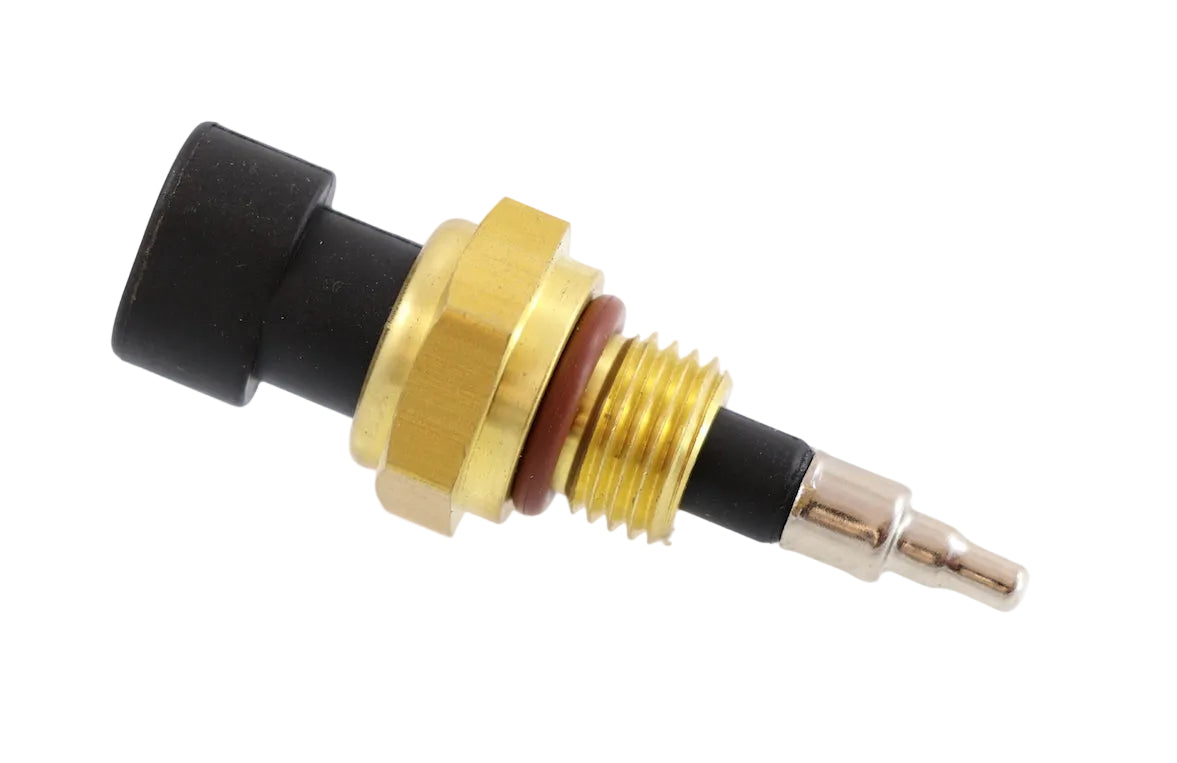 Advance Truck Parts USA 1875838C91 International and Cummins temperature sensor showing a close-up studio perspective of the brass hex fitting, red O-ring seal, and sensor probe tip