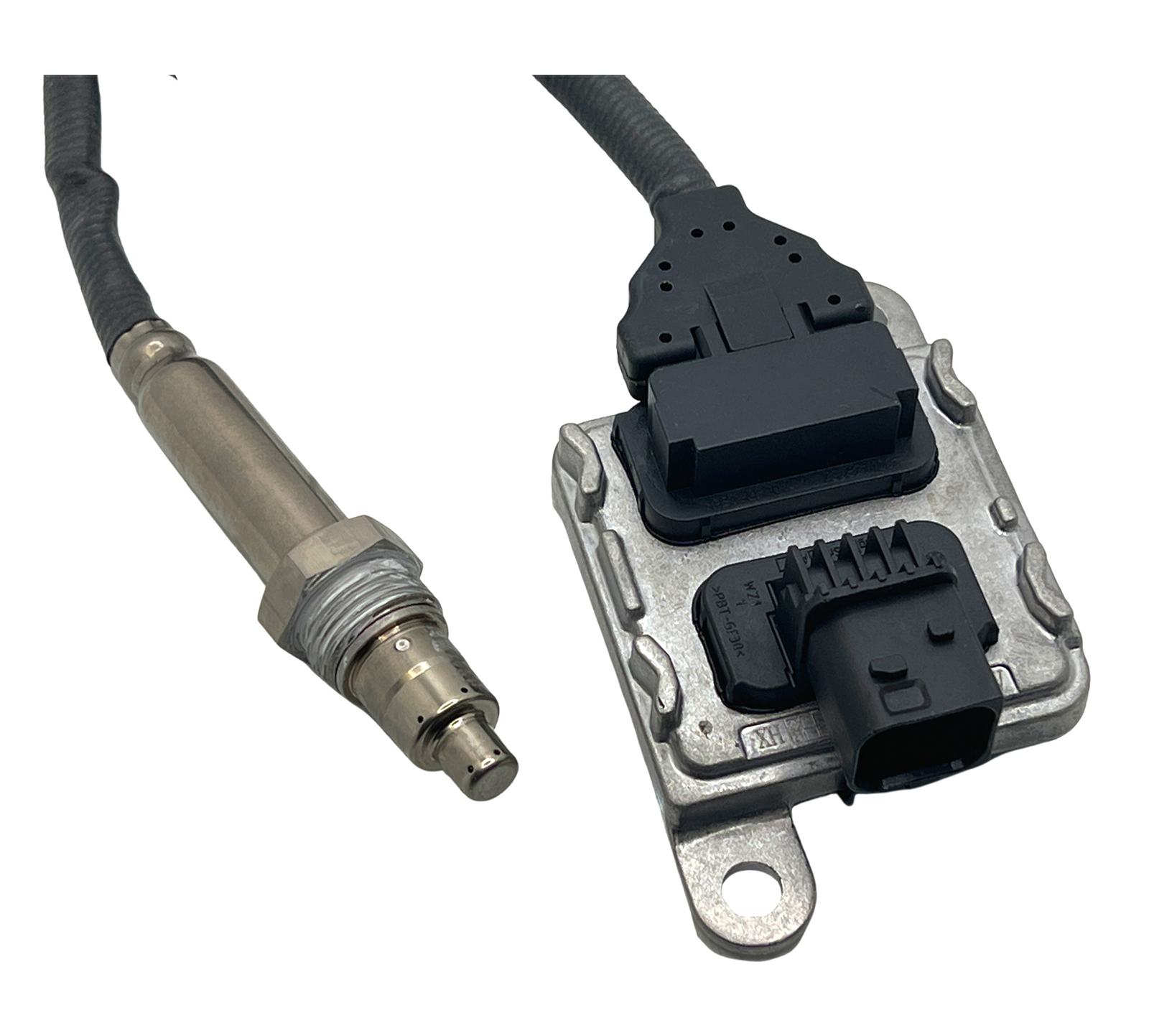 Advance Truck Parts USA 1954666PRX Paccar nitrogen oxide sensor showing a close-up studio perspective of the electronic control unit, black connector, and threaded exhaust probe
