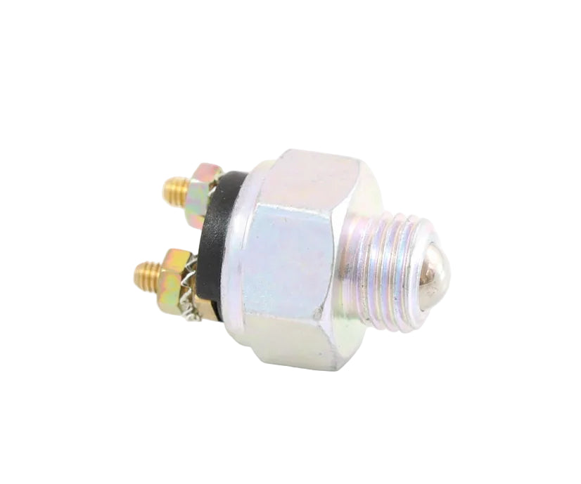 Advance Truck Parts USA 1MR2297 25049335 Mack Volvo normally open precision ball-actuated back-up reverse light switch featuring zinc-plated threaded barrel and dual stud terminals
