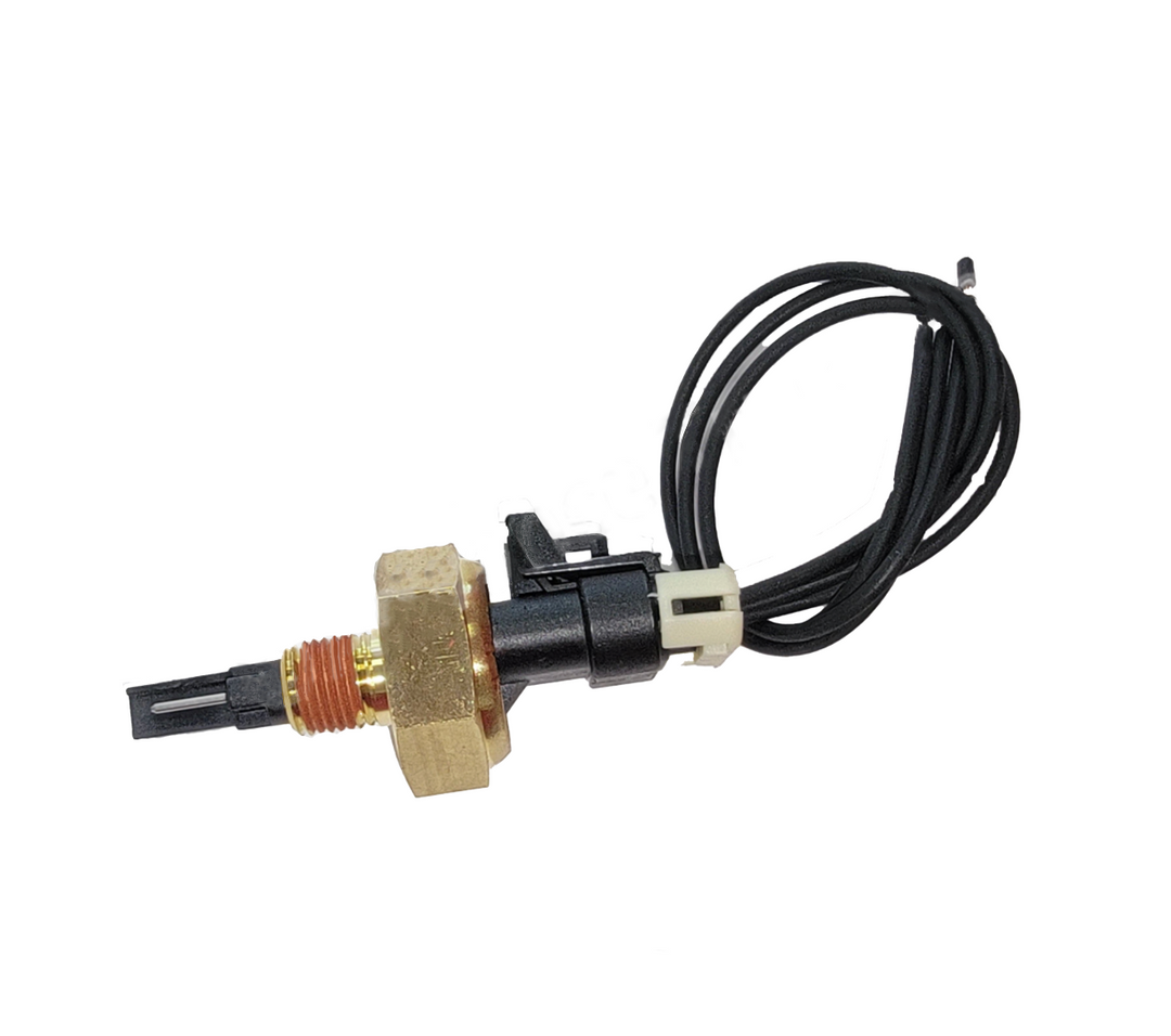 Advance Truck Parts USA 2030100057 coolant level sensor featuring threaded brass hex body, red thread sealant, probe tip, and attached wire harness pigtail