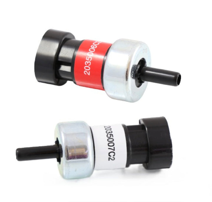 Advance Truck Parts USA 2035006C2 and 2035007C2 air brake switch set showing a clean studio view of both switches featuring red and white identification bands on a plain white background
