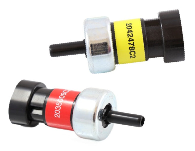 Advance Truck Parts USA 2035006C2 2042478C2 International air brake switch set showing a studio perspective of the pair featuring red and yellow identification labels