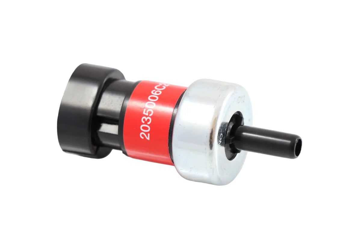 Advance Truck Parts USA 2035006C2 air brake pressure switch for International Navistar trucks showcasing the red band label, silver metal housing, and extended black pneumatic connector tube