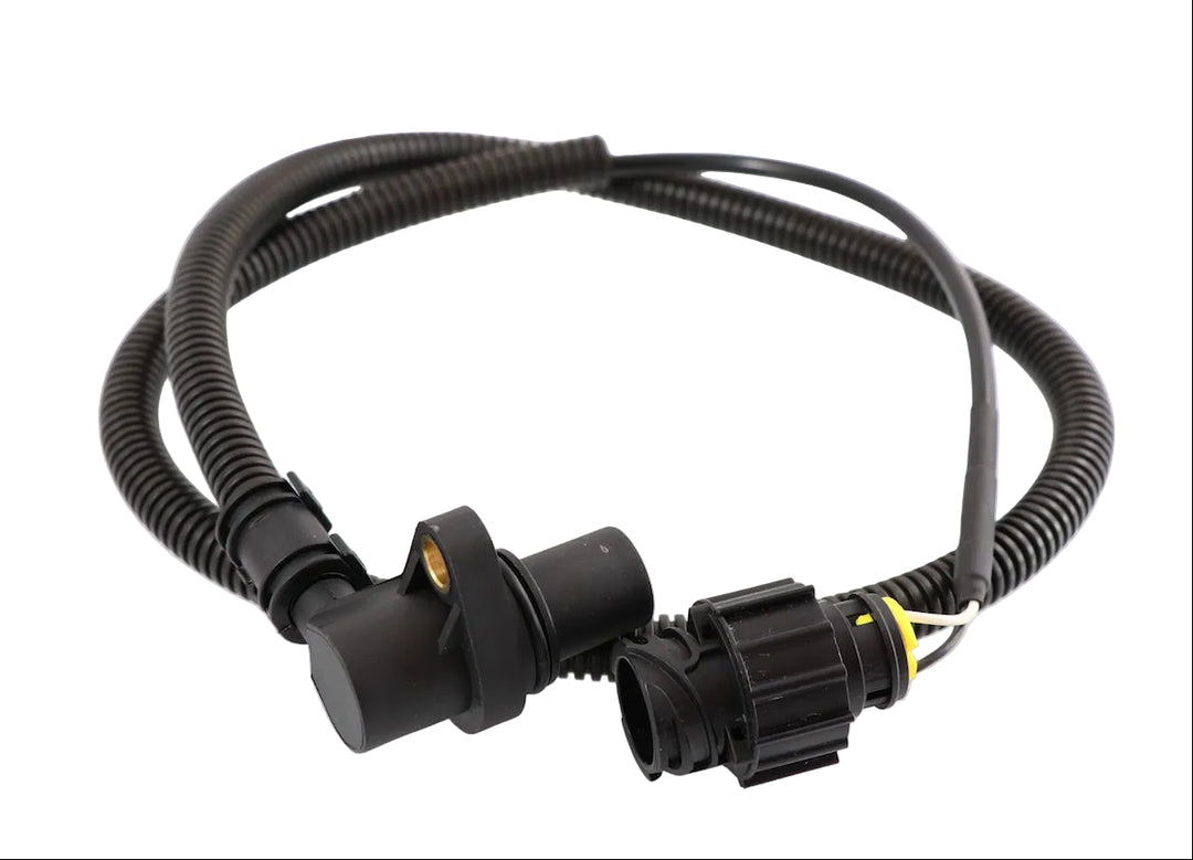 Advance Truck Parts 20508011 Mack and Volvo flywheel speed sensor showing a clean studio view of the sensor head, corrugated protective loom, and connector on a plain white background