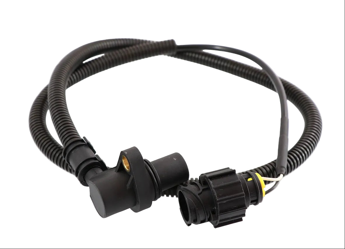 Advance Truck Parts 20508011 Mack and Volvo flywheel speed sensor showing a clean studio view of the sensor head, corrugated protective loom, and connector on a plain white background