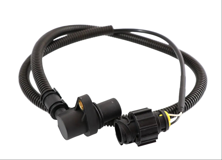 Advance Truck Parts 20508011 Mack and Volvo flywheel speed sensor showing a clean studio view of the sensor head, corrugated protective loom, and connector on a plain white background
