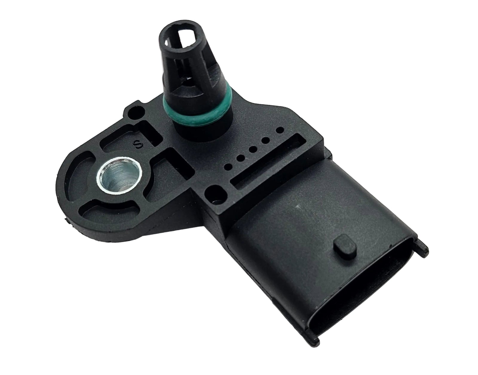 Advance Truck Parts USA 20524936 Mack and Volvo boost pressure sensor showing a clean studio view of the mounting flange, green O-ring sensor tip, and electrical connector housing on a plain white background