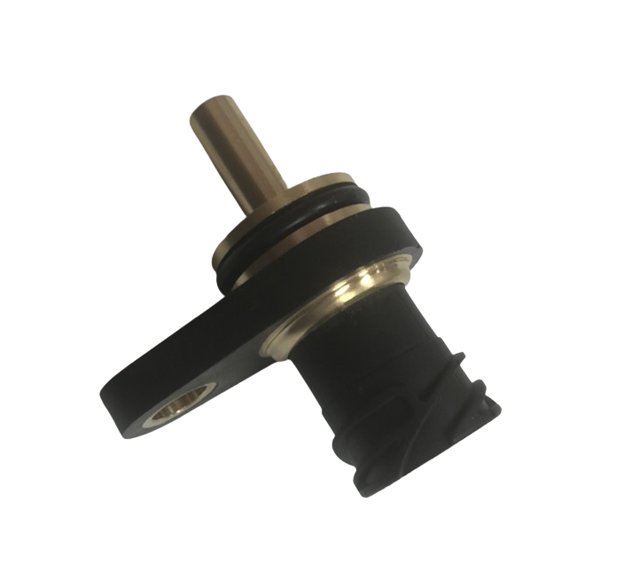 Advance Truck Parts USA 20576617 coolant temperature sensor showing a close-up studio perspective of the brass probe tip, black mounting flange, and O-ring seal