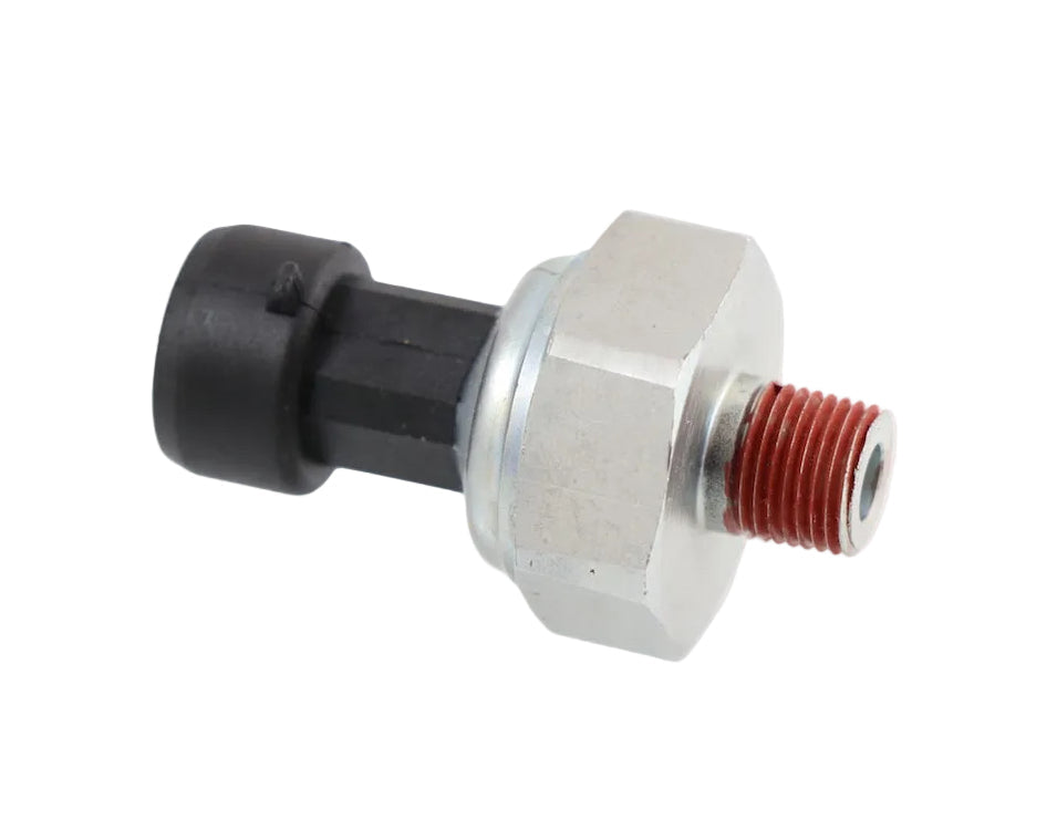 Advance Truck Parts USA 20706315 oil pressure sensor showing a clean studio view of the threaded metal fitting with thread sealant, hex nut, and black connector housing on a plain white background