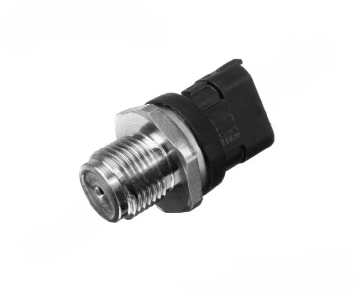 Advance Truck Parts USA 20792328 Mack Volvo fuel pressure sensor showing a clean studio view of the threaded metal fitting, hex nut, and black connector housing on a plain white background