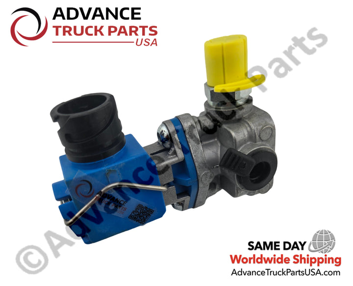 Advance Truck Parts USA 20914174 control valve for Mack and Volvo featuring a blue solenoid housing, metal body, and yellow protective cap