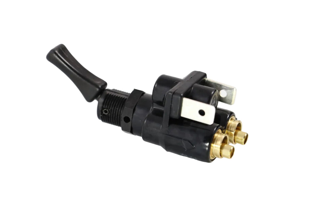 Advance Truck Parts USA 20QE2359 air electric toggle valve showing a clean studio view of the toggle lever, threaded mounting collar, push-connect brass fittings, and electrical blade terminals