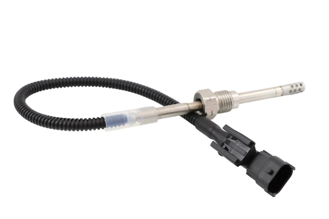 Advance Truck Parts USA 21010707 Volvo EGR temperature sensor showing a clean studio view of the perforated probe tip, threaded mounting fitting, protective wire loom, and black connector on a plain white background