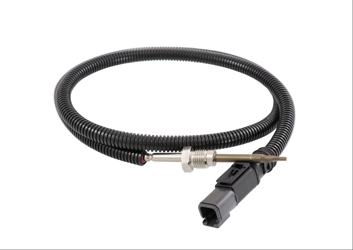 Advance Truck Parts USA 21126692 exhaust gas temperature sensor featuring metallic probe, threaded boss, high-temperature black corrugated wire loom cover, and 2-pin connector housing