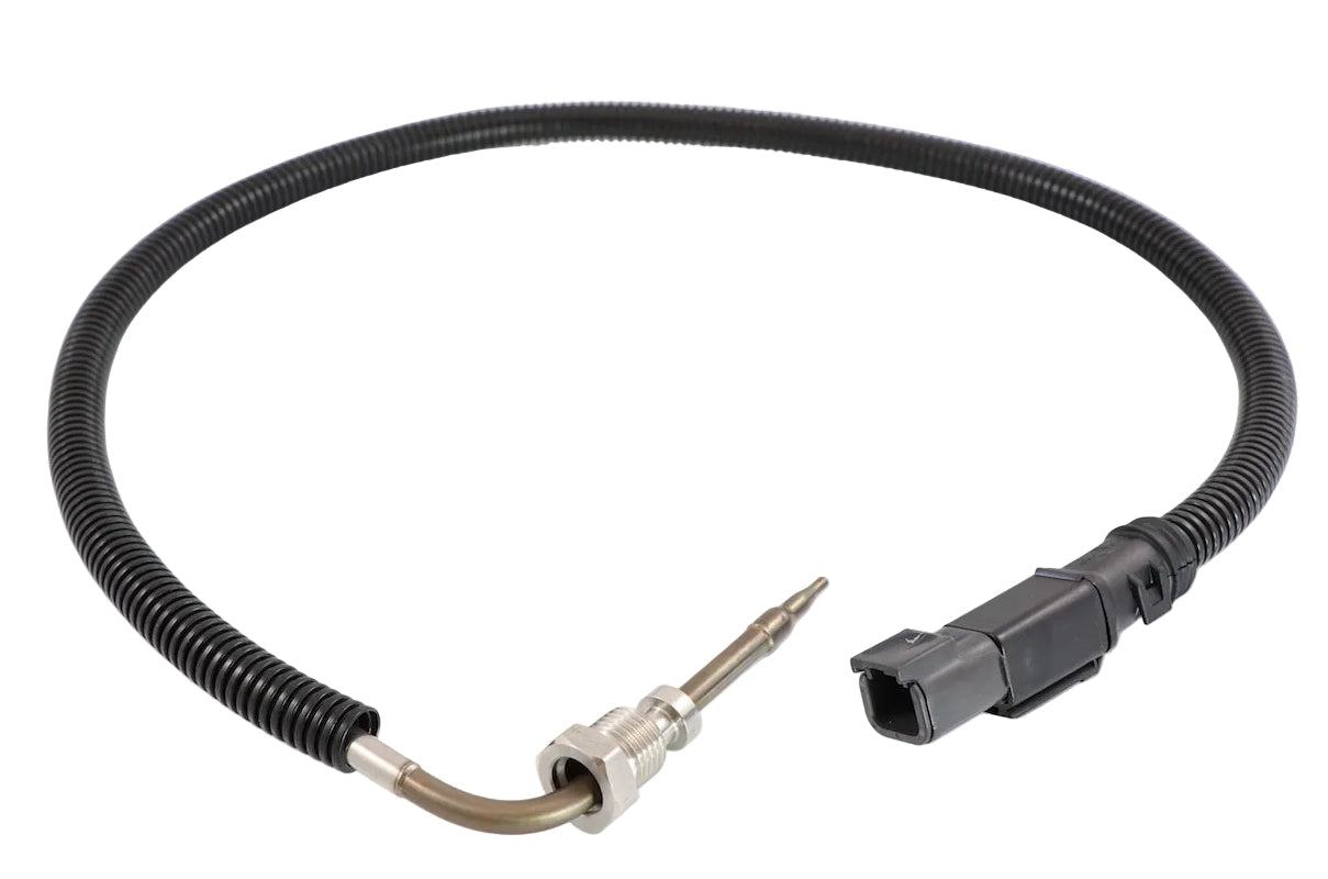 Advance Truck Parts USA 21164792 Volvo truck temperature sensor showing a clean studio view of the bent metal probe, threaded fitting, corrugated wire loom, and black connector on a plain white background
