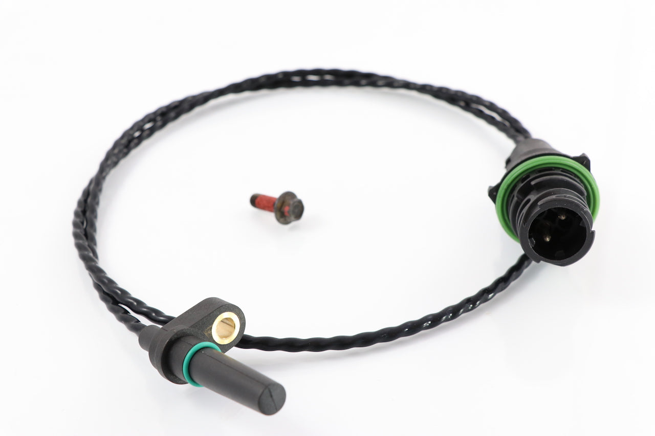 Advance Truck Parts USA 21508269 Mack turbocharger speed sensor showing a clean studio view of the sensor probe, twisted wire harness, connector, and mounting screw on a plain white background