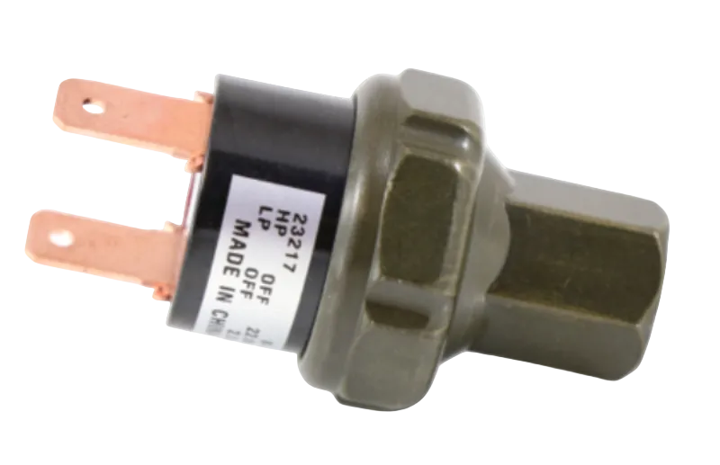 Advance Truck Parts USA 22-43249-000 Freightliner binary switch showing a close-up studio perspective of the label, metal housing, and blade terminals